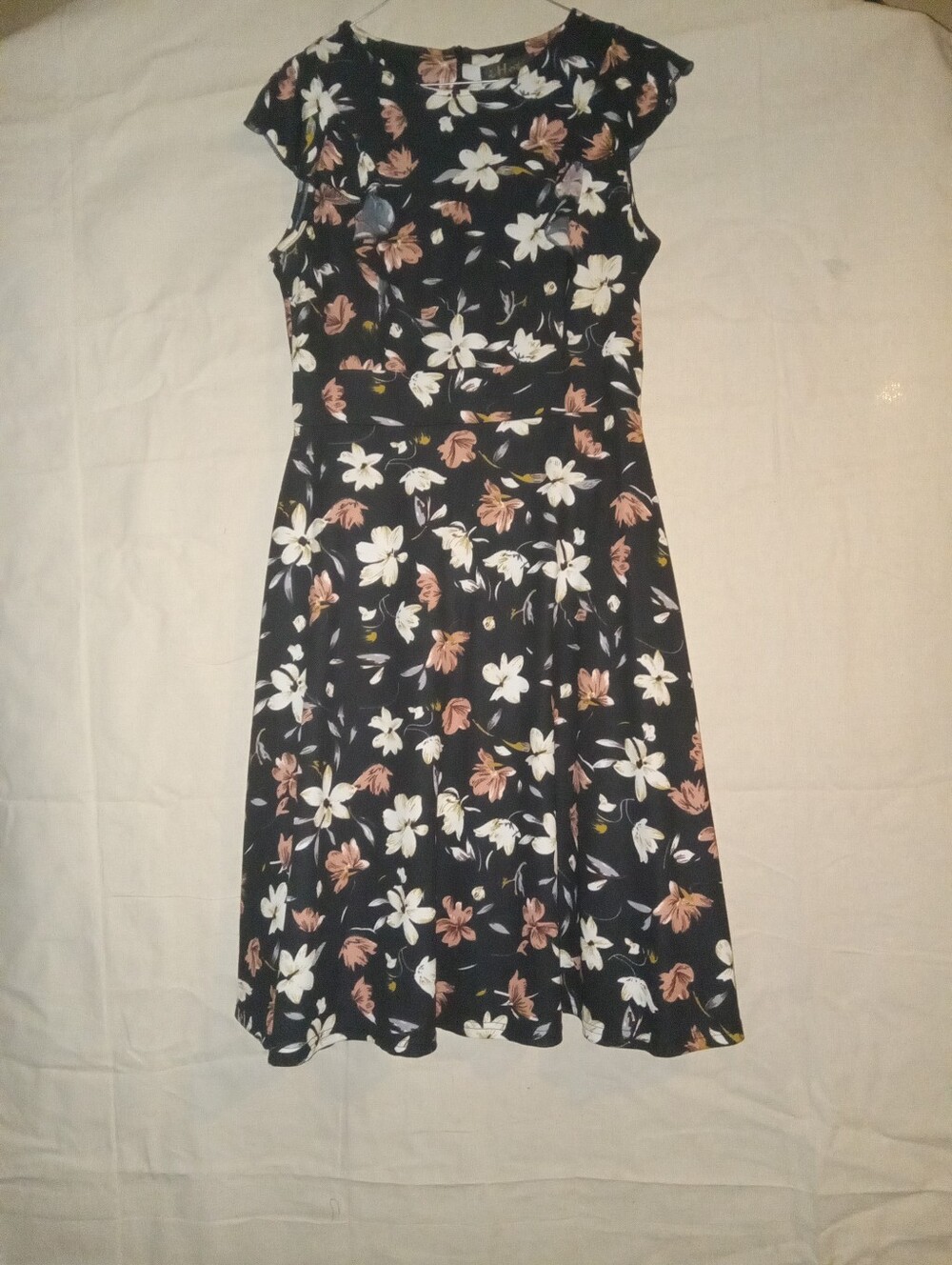 Floral A-Line Cap Sleeve Dress - Black with White & Coral Flowers